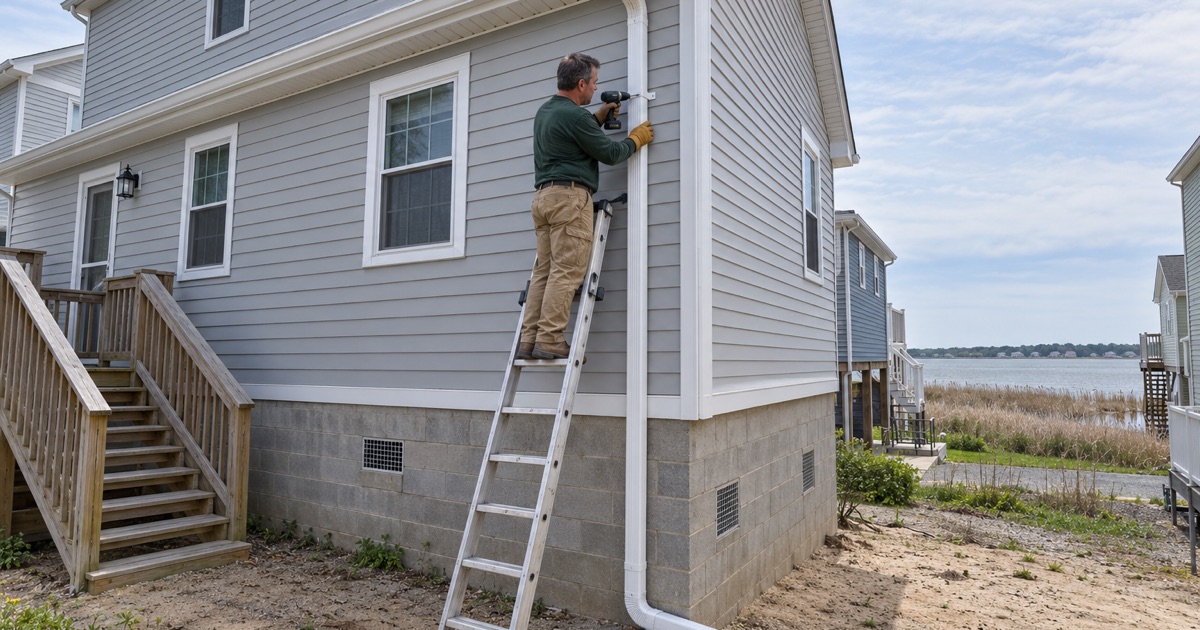 A stainless strap being fastened to the long leader of a house raised a story above the bayshore in Port Monmouth, Middletown Township.