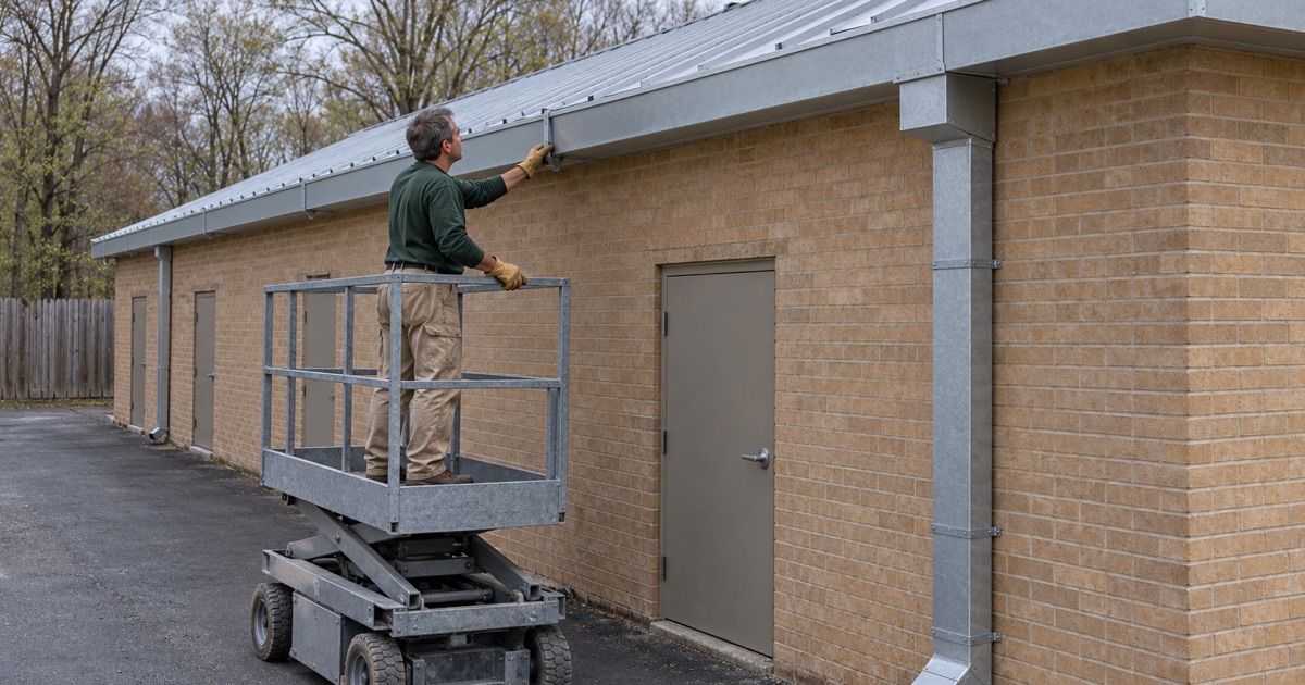 A heavy steel strap being fastened under the box gutter of a one-story retail building on a highway in Middletown Township.