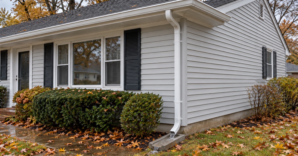 A finished white gutter and downspout carrying rainwater away from a Middletown Township ranch on a clearing autumn morning.