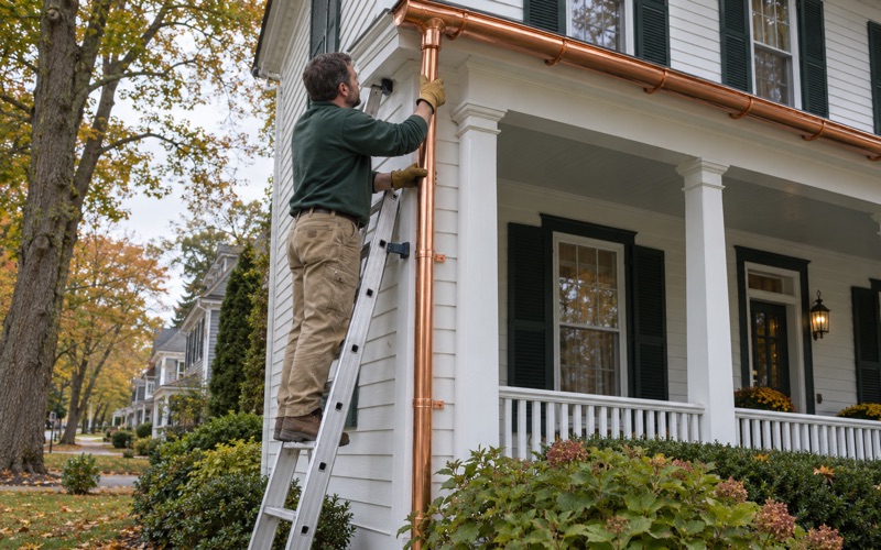 A round copper downspout being seated on a half-round copper gutter outlet on an older frame house in Middletown Village.