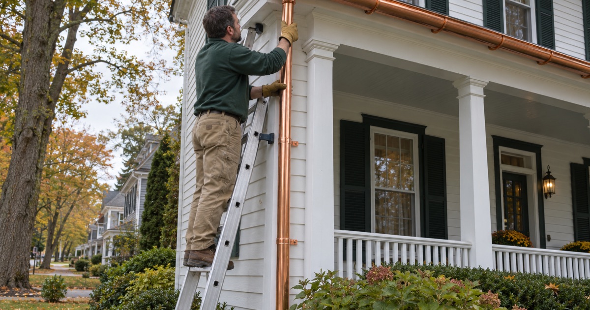 A round copper downspout being seated on a half-round copper gutter outlet on an older frame house in Middletown Village.