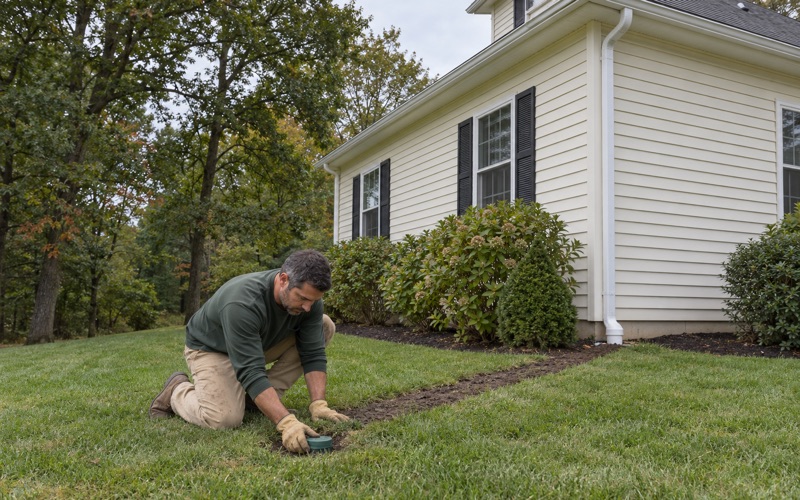 A pop-up emitter being set in the lawn at the end of a buried downspout line at a Middletown Township house.