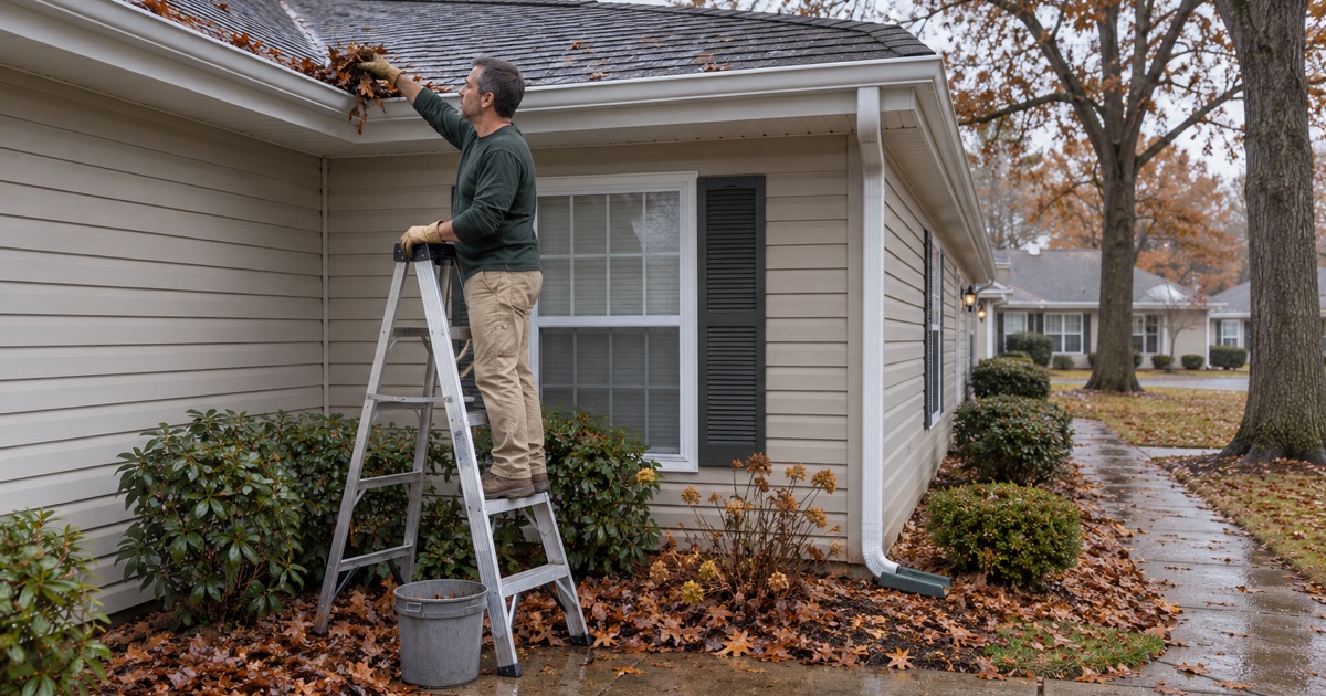 A wad of wet oak leaves and acorn caps being lifted out of a gutter corner on a one-story townhouse in a Middletown Township 55-and-over community.