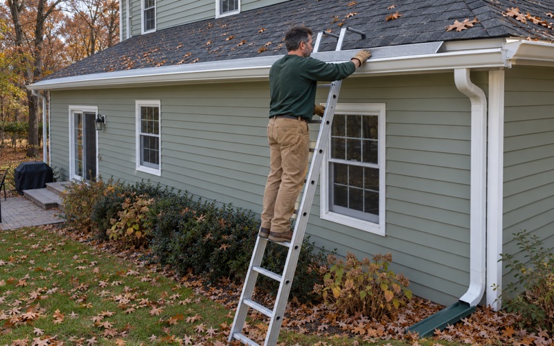 A micro-mesh gutter guard being pressed into place with its back edge under the shingles on an oak-shaded Middletown Township house.