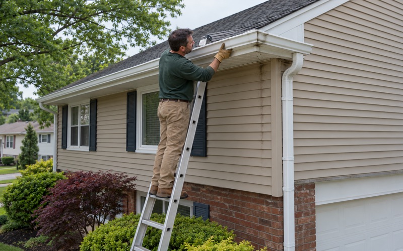 A strip miter being pressed over a leaking gutter corner on a Middletown Township split-level.