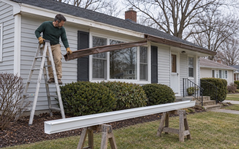 An old spiked gutter being lowered off a Middletown Township ranch while its seamless replacement waits on sawhorses.