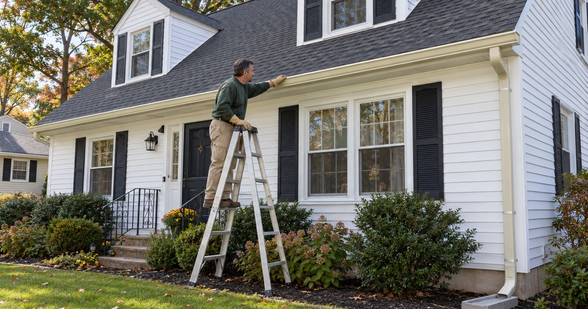 A gutter installer sighting the pitch of a new seamless gutter toward its outlet on a 1950s Cape Cod in Middletown Township.