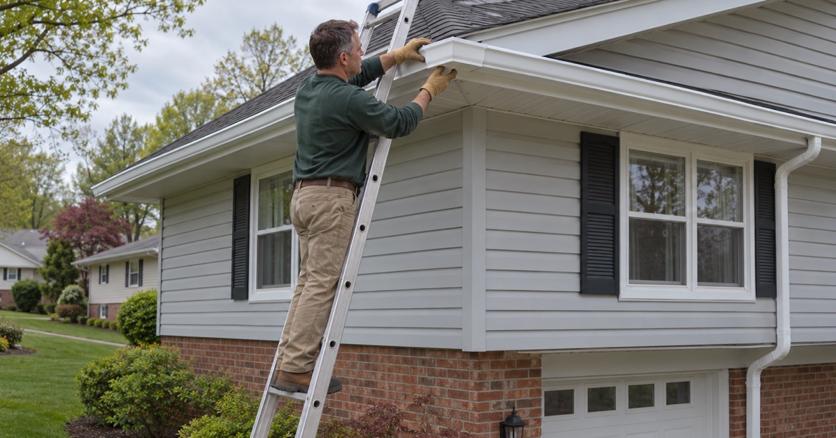 An outside miter being seated where two new gutter runs meet at the corner of a Middletown Township split-level.