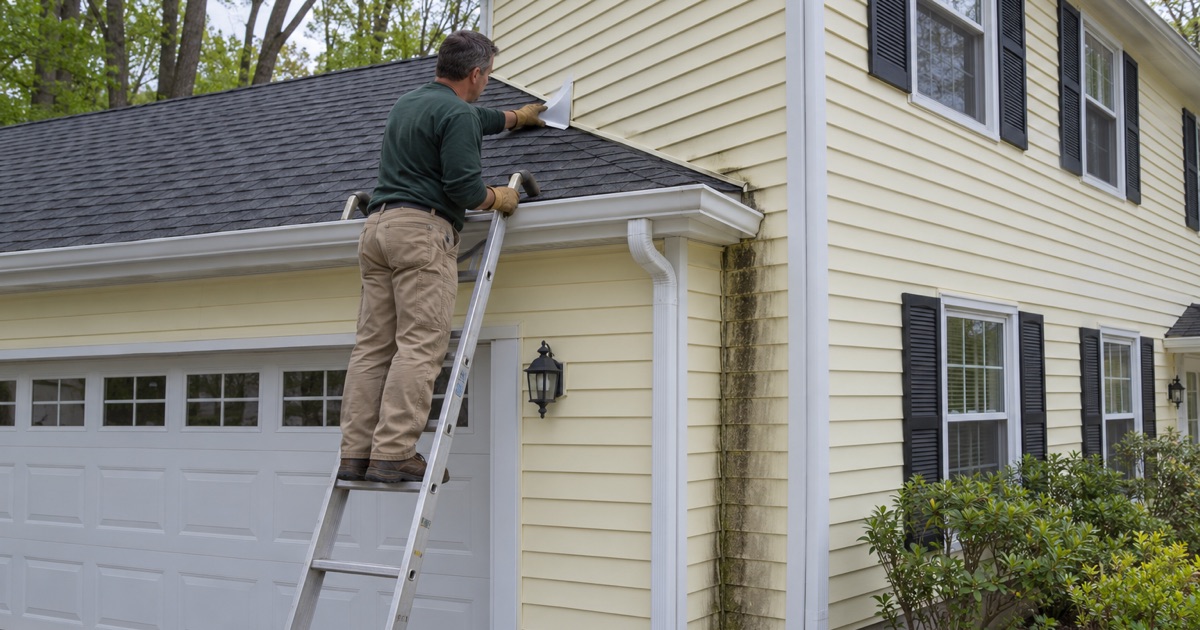 Kickout flashing being fitted where a garage roof meets the sidewall of a Middletown Township colonial, above dark water streaks on the siding.