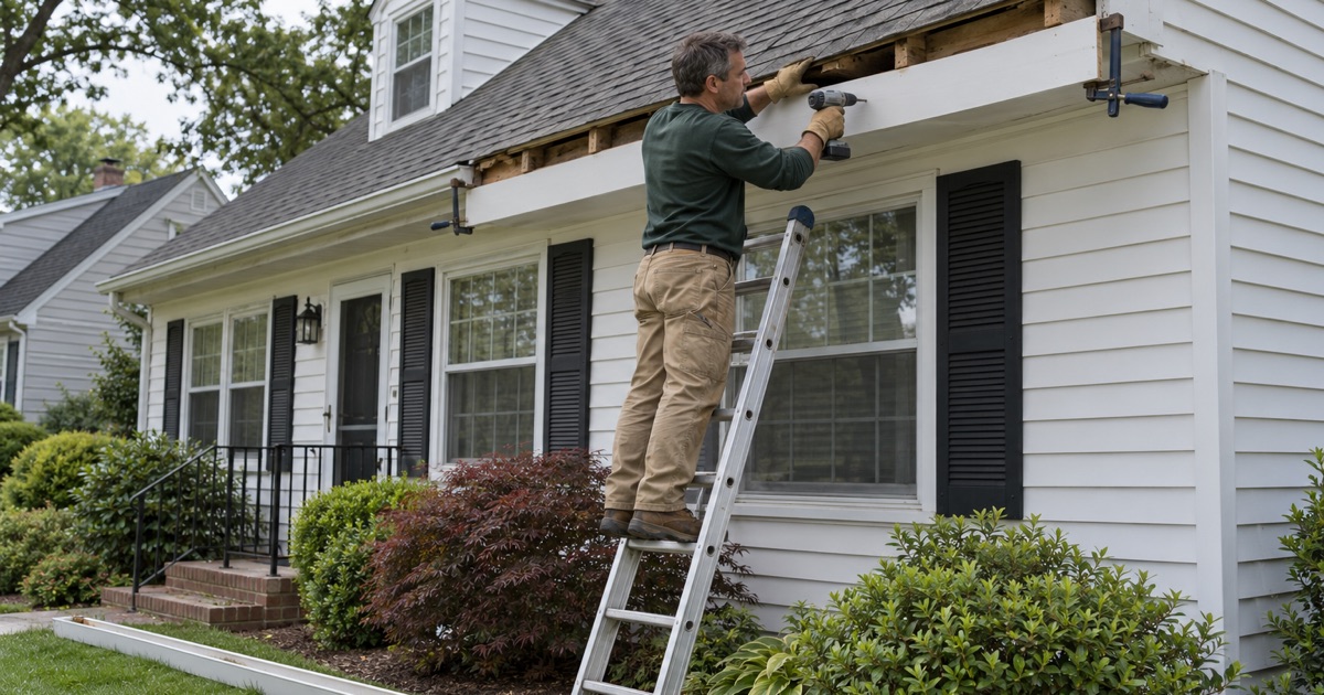 A new fascia board clamped to the rafter tails of a Middletown Township house, the gutter down while the rotted board is replaced.
